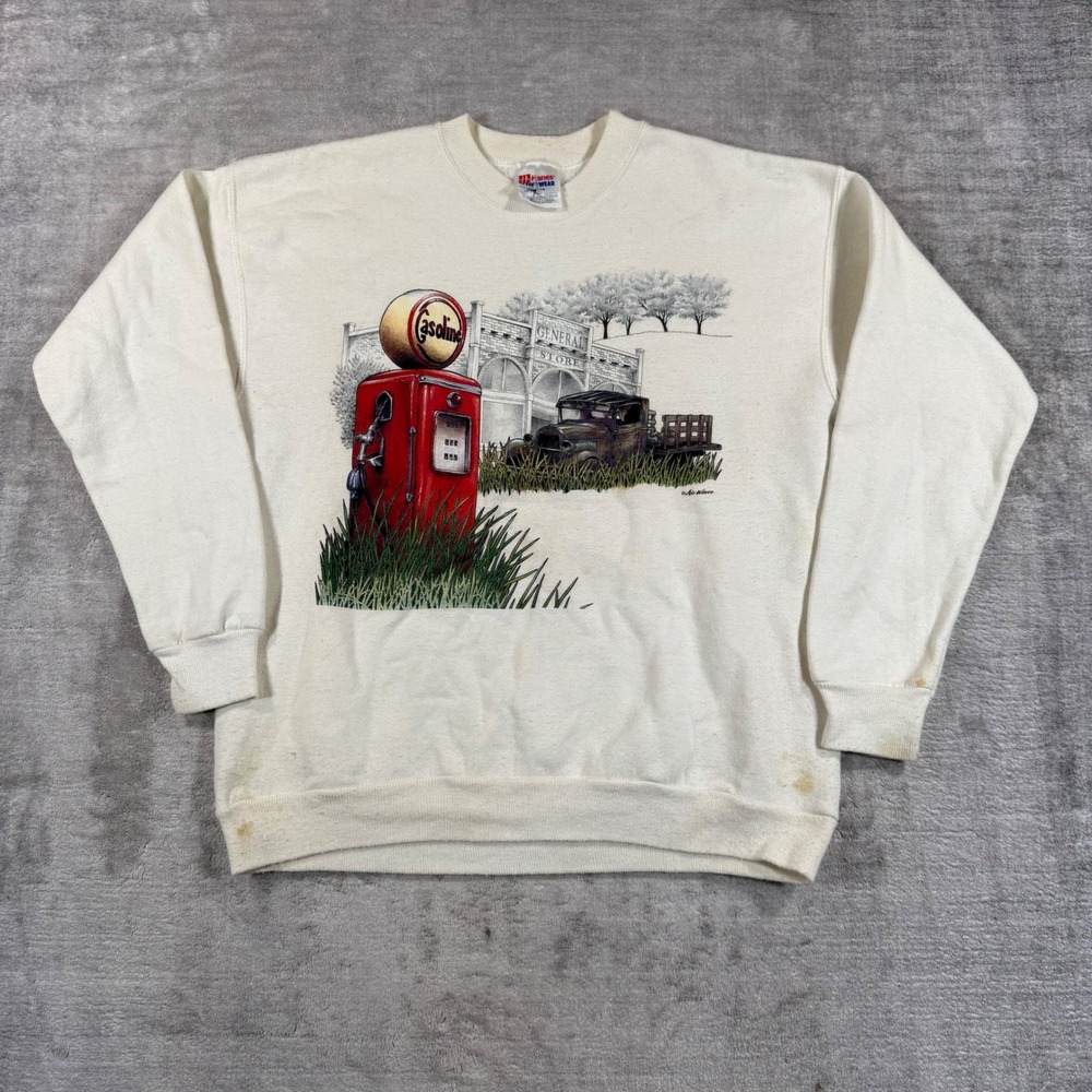Vtg Hanes Sweatshirt Mens Medium White 90s Gas Pump Truck General Store Graphic